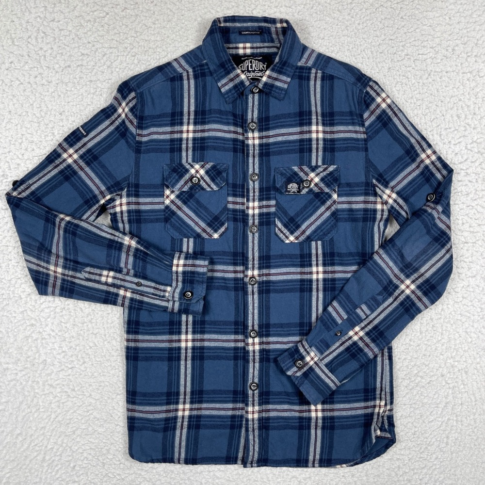 Superdry Flannel Shirt Mens Medium Blue Plaid‎ Lumberjack Fit Cotton Button Down